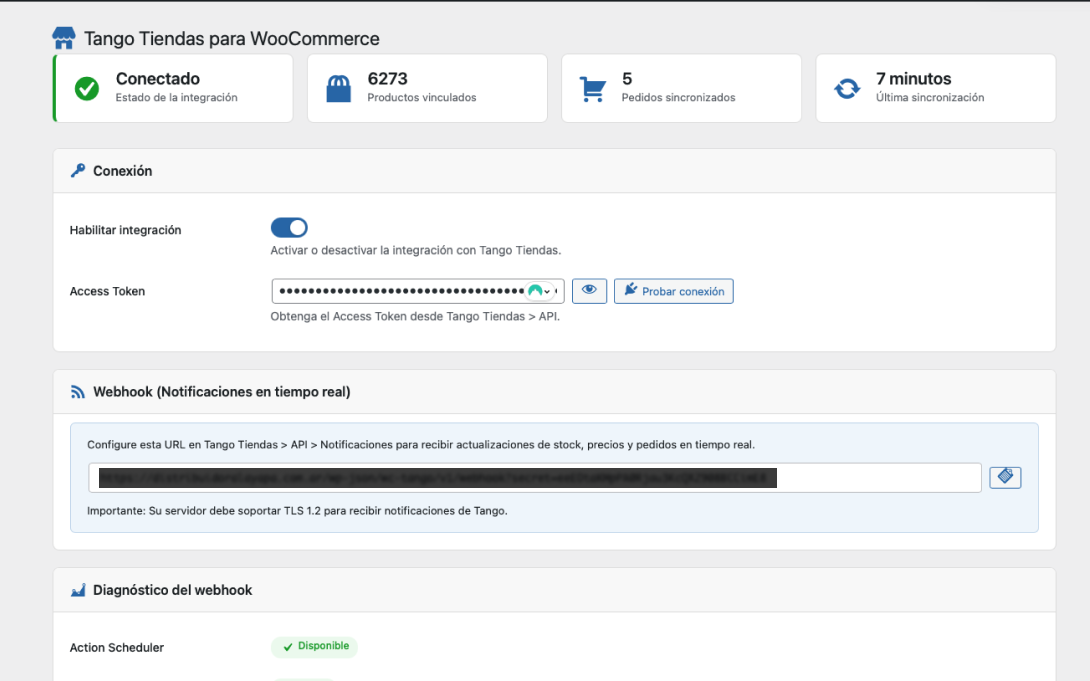 Panel de configuración del plugin Tango Tiendas para WooCommerce