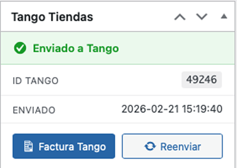 Metabox de Tango Tiendas en página de pedido de WooCommerce